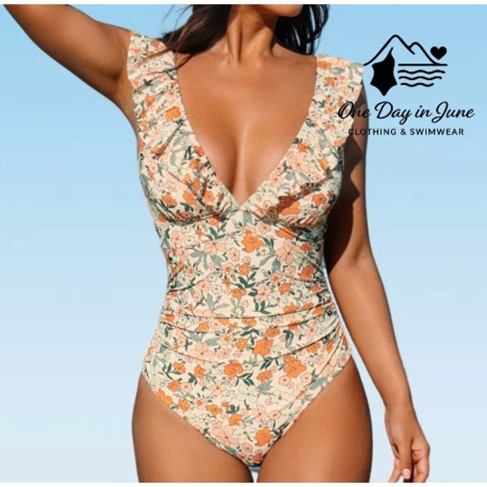 Cupshe Ditsy Daisy Ruffle Lace Up Back One Piece Swimsuit Size XL